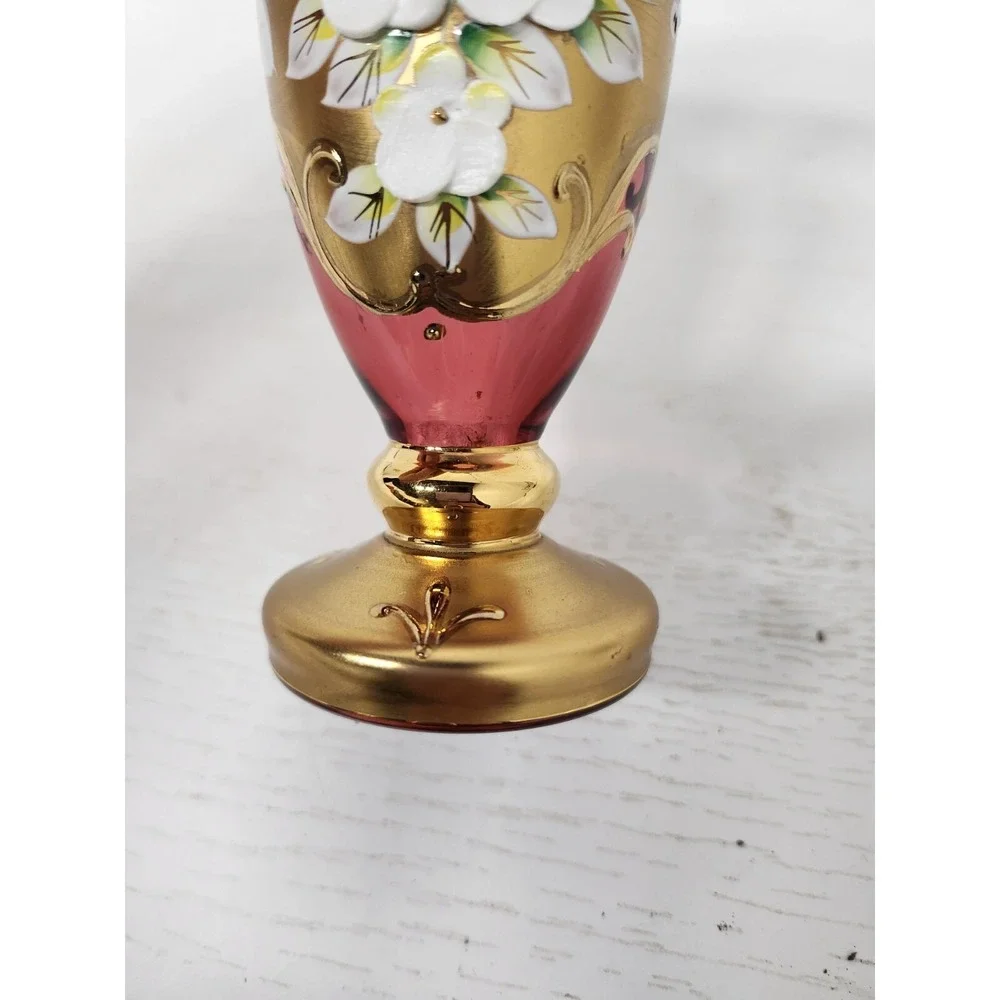 Vintage Bohemian Pink Glass Gold Overlay Floral Vase Raised Design Germany - Picture 4 of 10